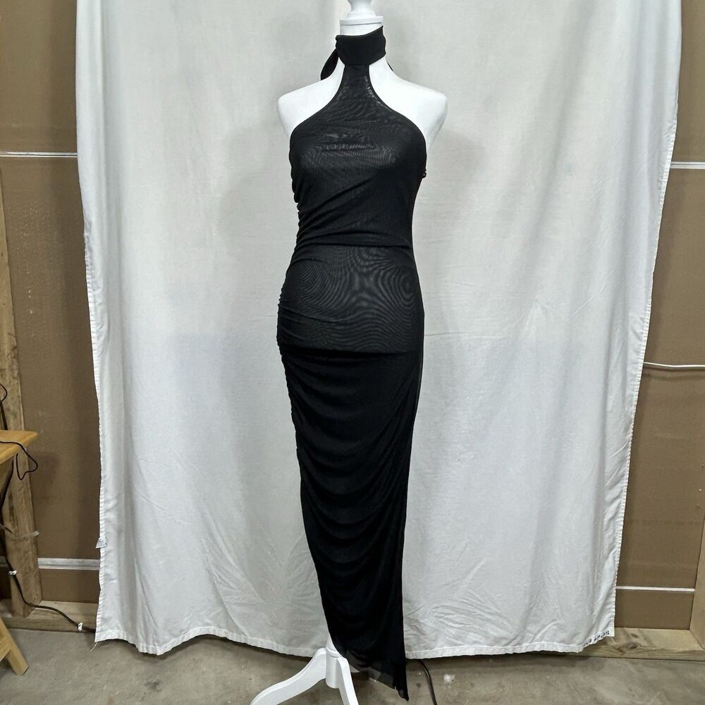 Forever 21 Black Mesh Halter Maxi Dress Ruched Sheer Goth Vampy Y2K Gown Medium